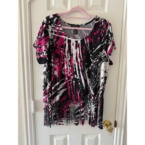Ashley Stewart Carwash Dot Top 22/24 Plus Size Pink Black White Fringe‎ H